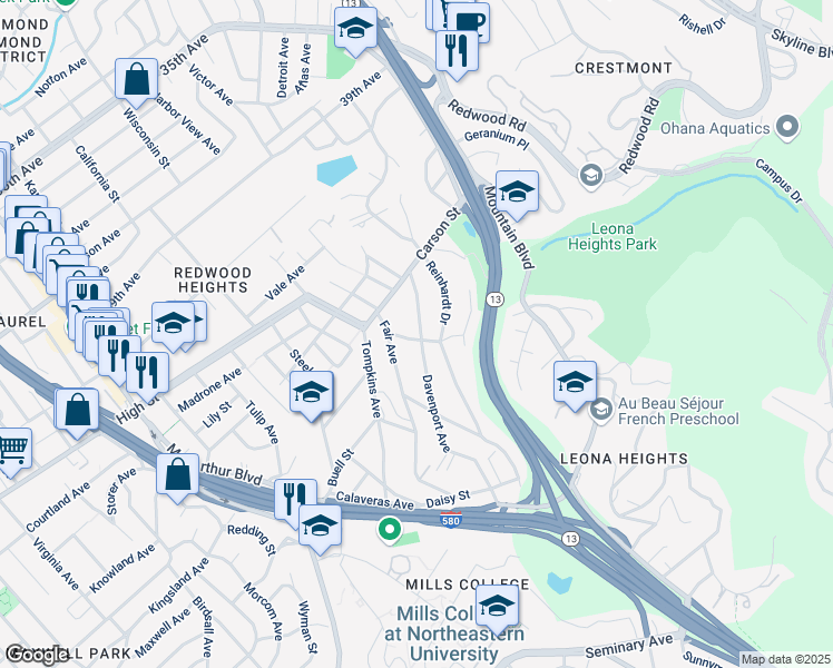 map of restaurants, bars, coffee shops, grocery stores, and more near 4642 Kaphan Avenue in Oakland