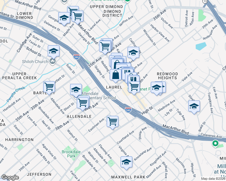 map of restaurants, bars, coffee shops, grocery stores, and more near in Oakland