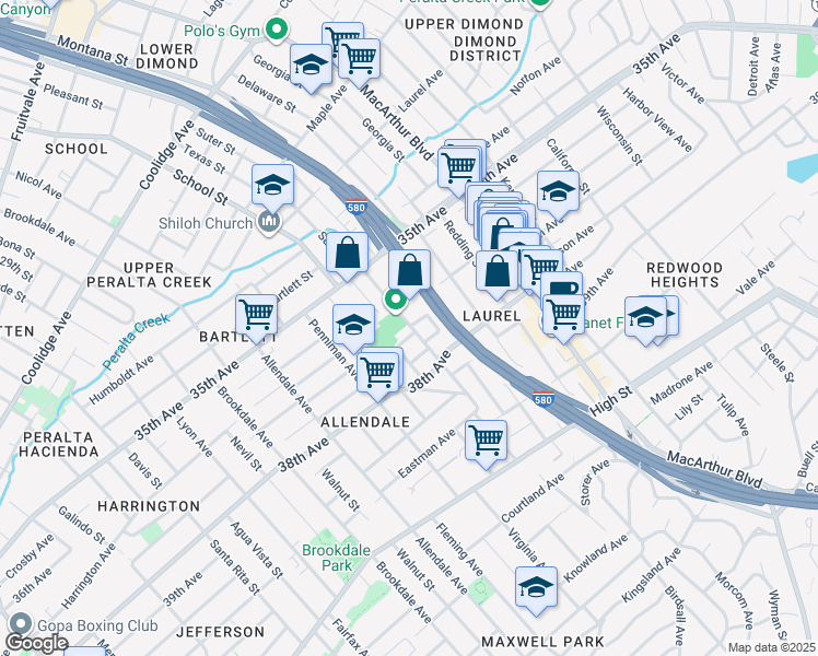 map of restaurants, bars, coffee shops, grocery stores, and more near 3770 Suter Street in Oakland