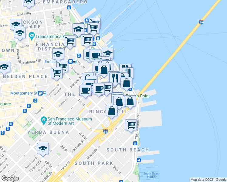 map of restaurants, bars, coffee shops, grocery stores, and more near in San Francisco