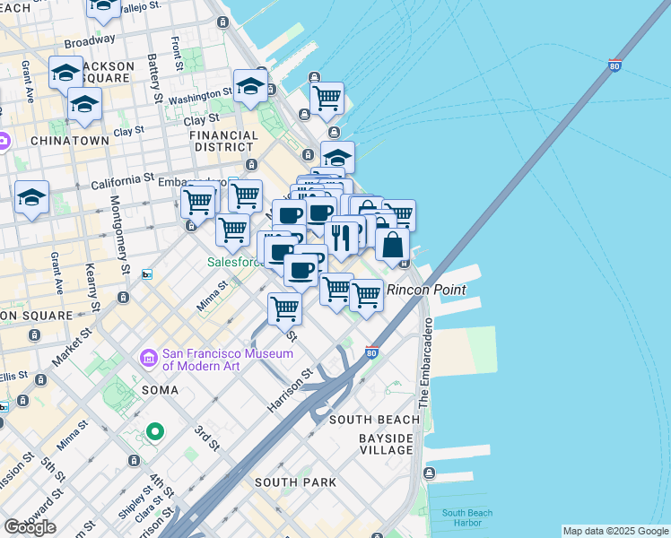 map of restaurants, bars, coffee shops, grocery stores, and more near 272 Main Street in San Francisco