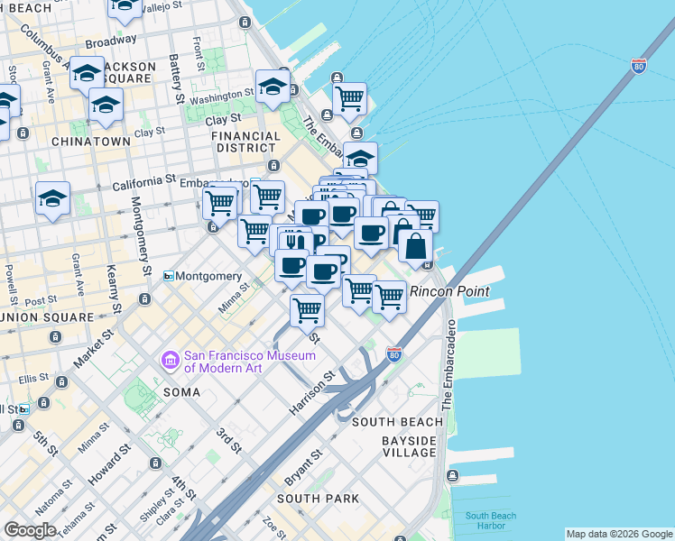 map of restaurants, bars, coffee shops, grocery stores, and more near 272 Main Street in San Francisco