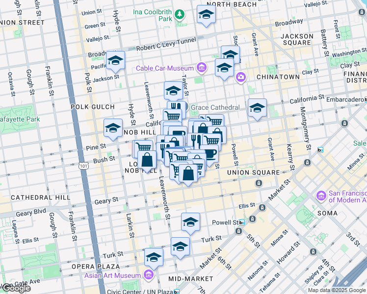 map of restaurants, bars, coffee shops, grocery stores, and more near in San Francisco