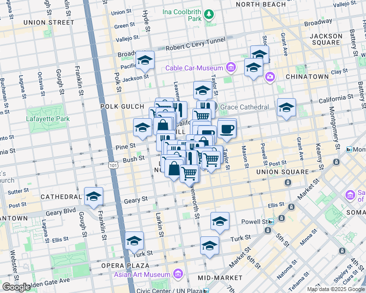 map of restaurants, bars, coffee shops, grocery stores, and more near 806 Sutter Street in San Francisco