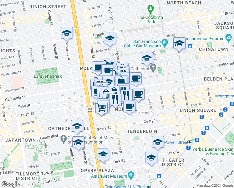 map of restaurants, bars, coffee shops, grocery stores, and more near in San Francisco