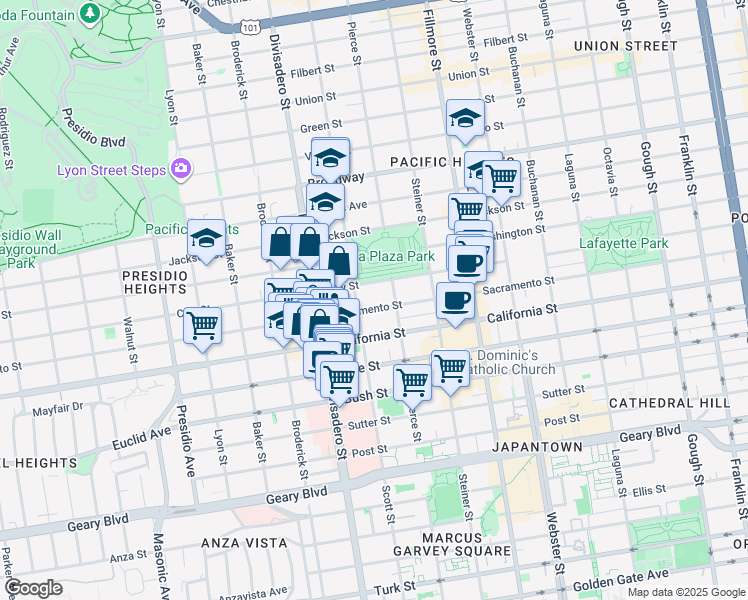 map of restaurants, bars, coffee shops, grocery stores, and more near 2107 Scott Street in San Francisco