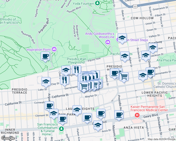 map of restaurants, bars, coffee shops, grocery stores, and more near 3600 Washington Street in San Francisco