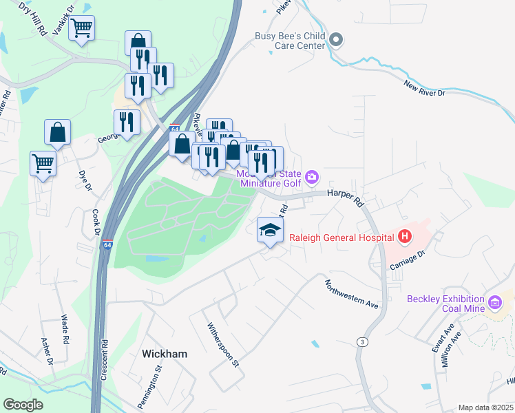 map of restaurants, bars, coffee shops, grocery stores, and more near 1911 Harper Road in Beckley
