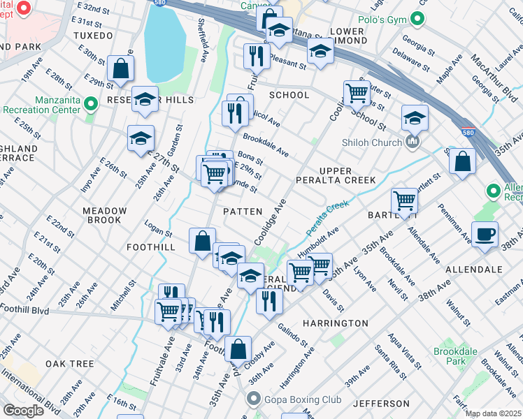map of restaurants, bars, coffee shops, grocery stores, and more near 3234 East 27th Street in Oakland