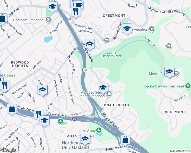 map of restaurants, bars, coffee shops, grocery stores, and more near 4727 Mountain Boulevard in Oakland