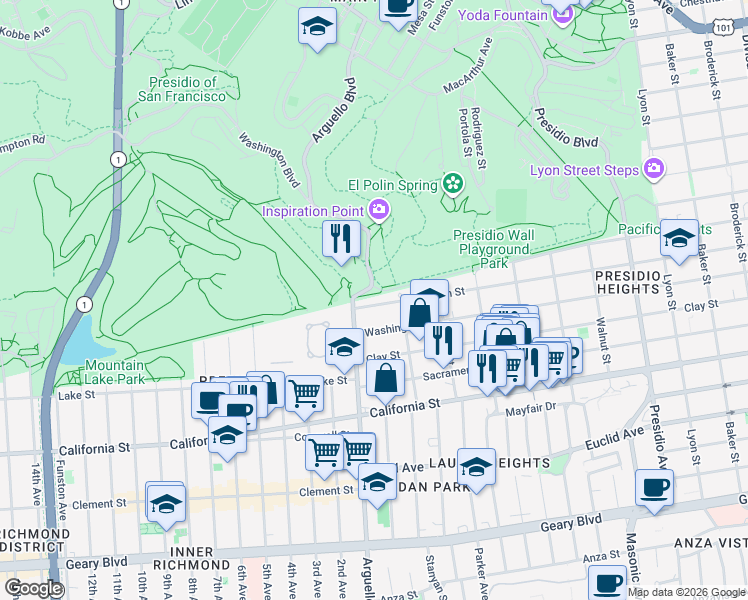 map of restaurants, bars, coffee shops, grocery stores, and more near 3858 Jackson Street in San Francisco