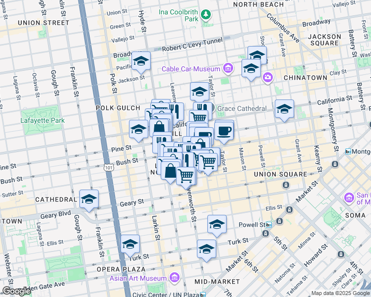 map of restaurants, bars, coffee shops, grocery stores, and more near 806 Sutter Street in San Francisco