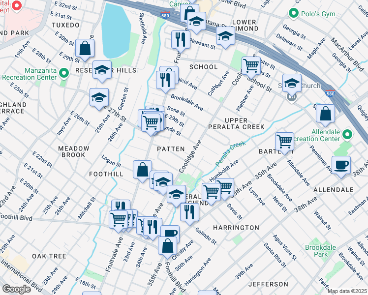 map of restaurants, bars, coffee shops, grocery stores, and more near 3234 East 27th Street in Oakland