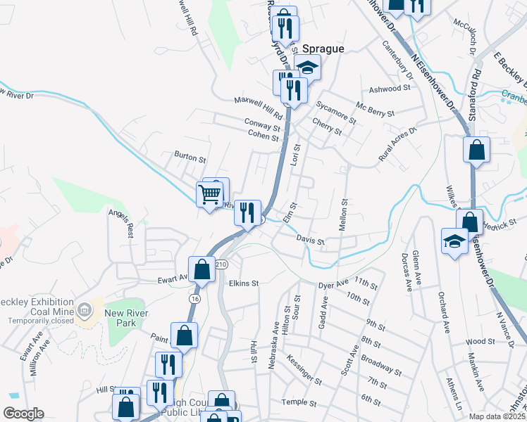 map of restaurants, bars, coffee shops, grocery stores, and more near 104 New River Drive in Beckley