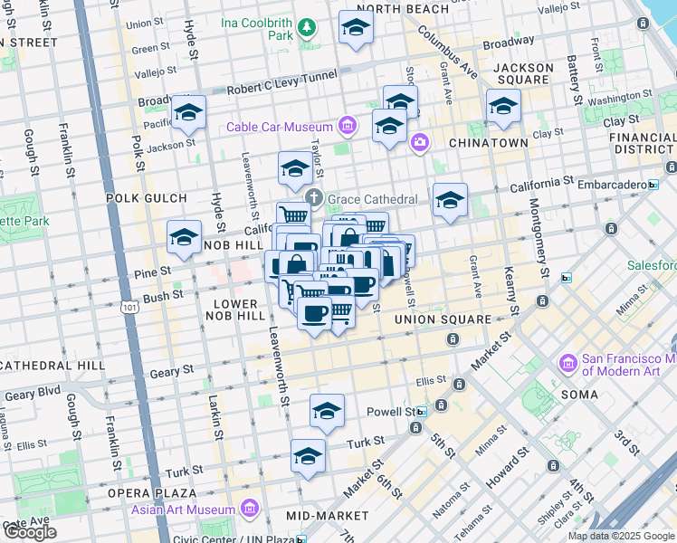 map of restaurants, bars, coffee shops, grocery stores, and more near 895 Bush Street in San Francisco