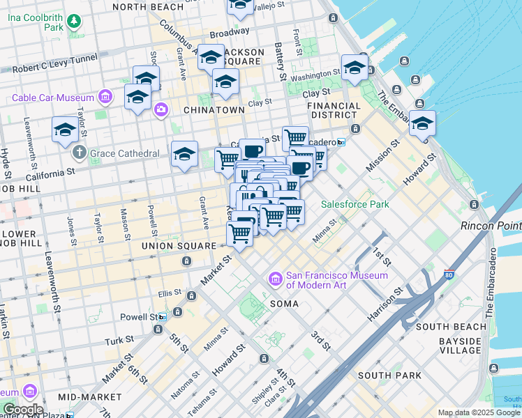 map of restaurants, bars, coffee shops, grocery stores, and more near 44 Montgomery Street in San Francisco