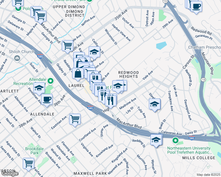 map of restaurants, bars, coffee shops, grocery stores, and more near 3695 Maybelle Avenue in Oakland