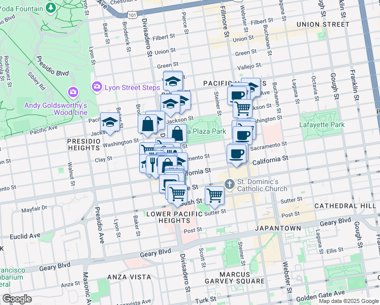 map of restaurants, bars, coffee shops, grocery stores, and more near 2106 Scott Street in San Francisco