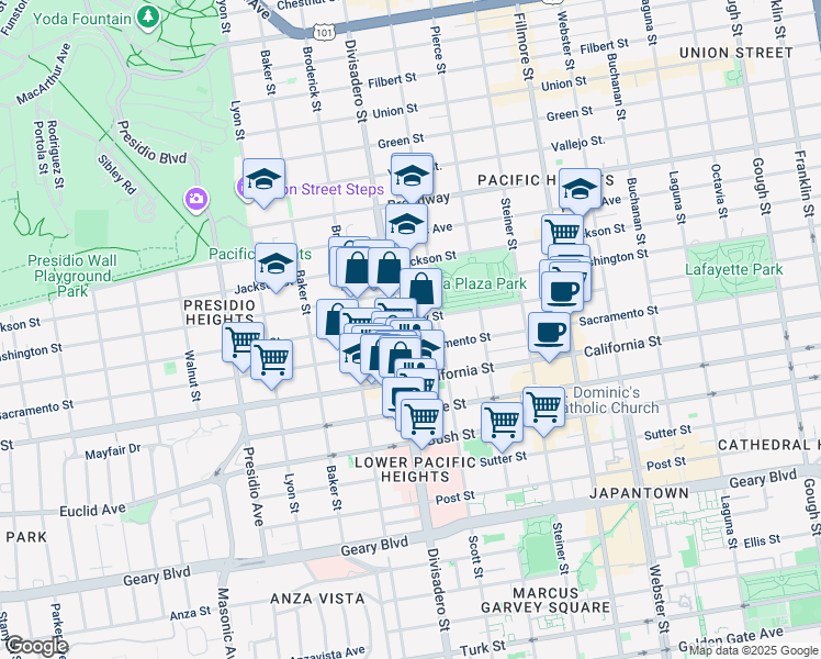 map of restaurants, bars, coffee shops, grocery stores, and more near 2869 Clay Street in San Francisco