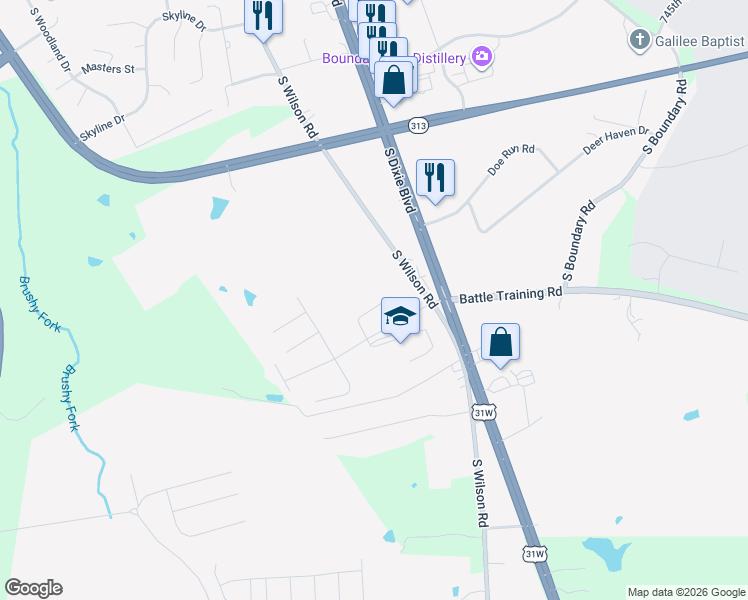 map of restaurants, bars, coffee shops, grocery stores, and more near 105 Blenheim Boulevard in Radcliff