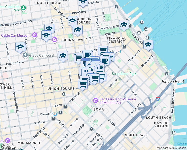 map of restaurants, bars, coffee shops, grocery stores, and more near 578 Market Street in San Francisco