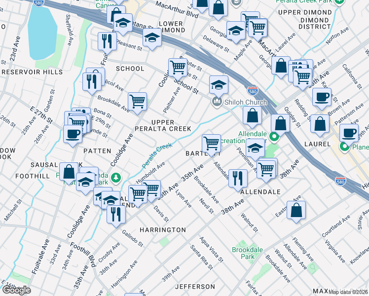 map of restaurants, bars, coffee shops, grocery stores, and more near 2568 Humboldt Avenue in Oakland