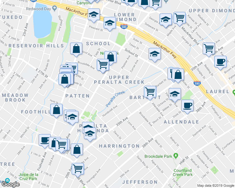 map of restaurants, bars, coffee shops, grocery stores, and more near 2509 Humboldt Avenue in Oakland