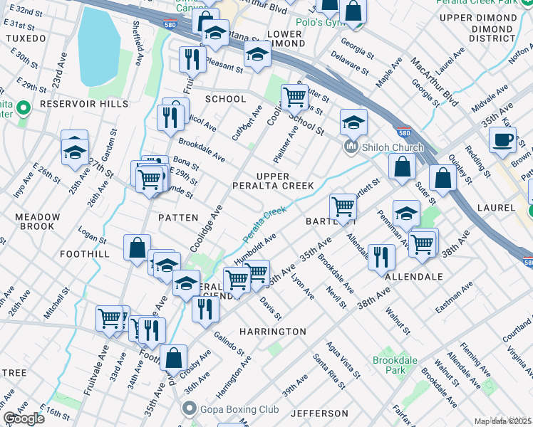 map of restaurants, bars, coffee shops, grocery stores, and more near 3284 Lynde Street in Oakland