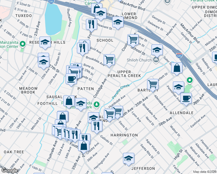 map of restaurants, bars, coffee shops, grocery stores, and more near 3269 Lynde Street in Oakland