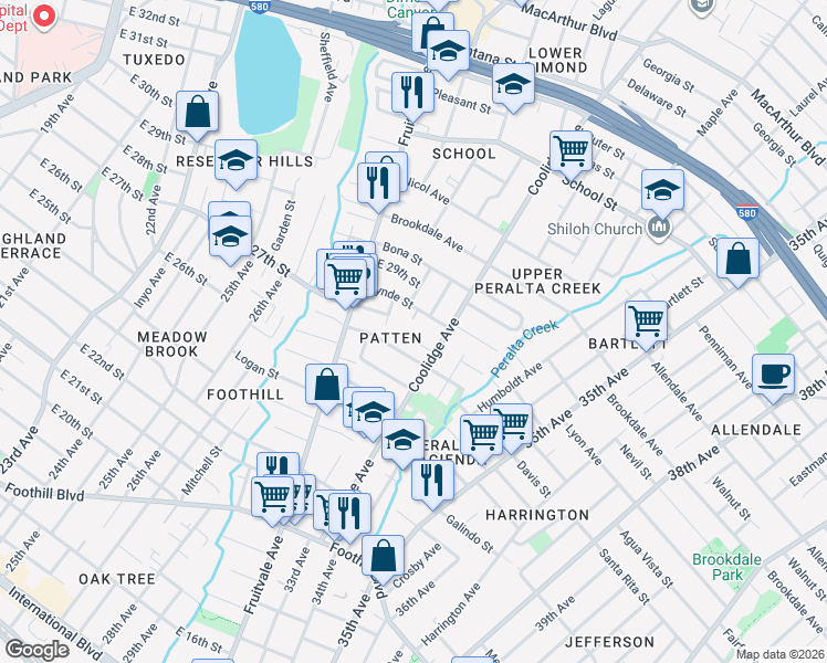 map of restaurants, bars, coffee shops, grocery stores, and more near 2717 Coolidge Avenue in Oakland