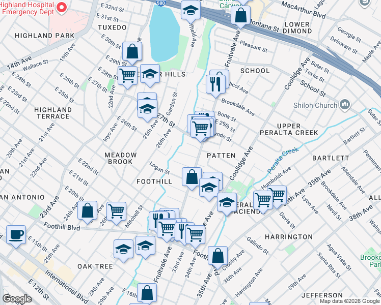 map of restaurants, bars, coffee shops, grocery stores, and more near 3043 Blossom Street in Oakland