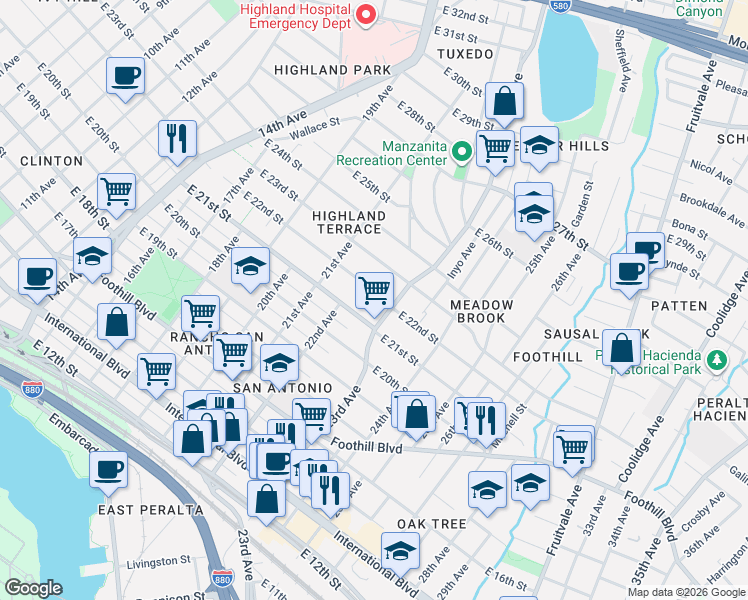 map of restaurants, bars, coffee shops, grocery stores, and more near 2230 East 21st Street in Oakland