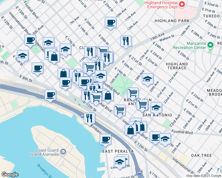 map of restaurants, bars, coffee shops, grocery stores, and more near in Oakland