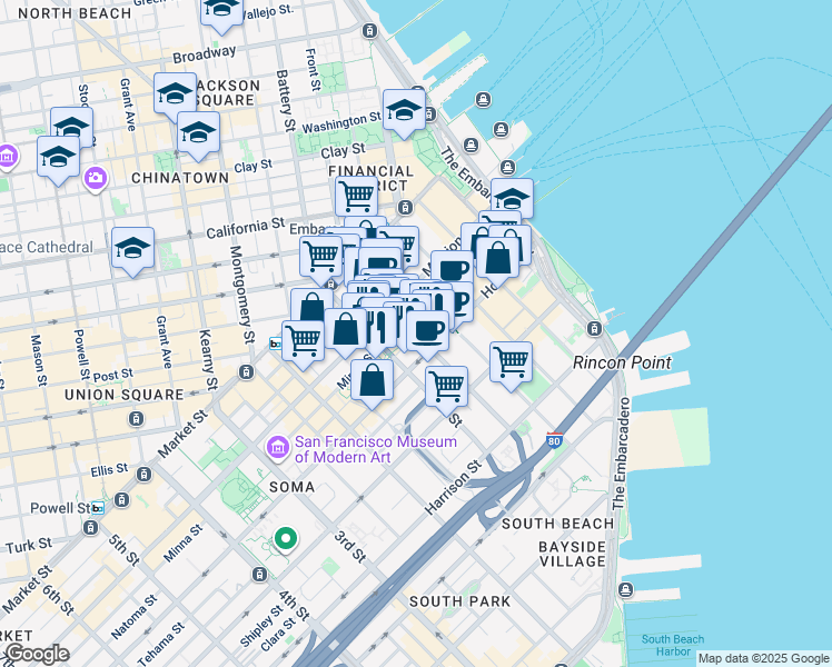 map of restaurants, bars, coffee shops, grocery stores, and more near 400 Howard Street in San Francisco