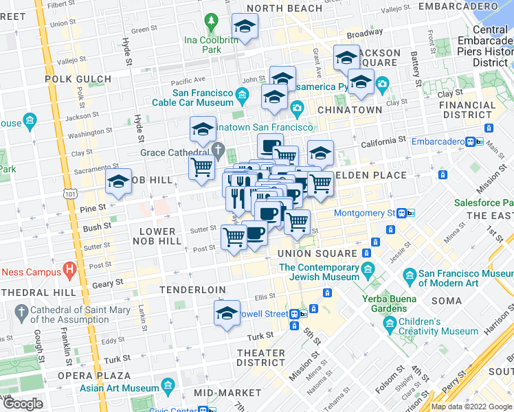 map of restaurants, bars, coffee shops, grocery stores, and more near 846 Bush Street in San Francisco