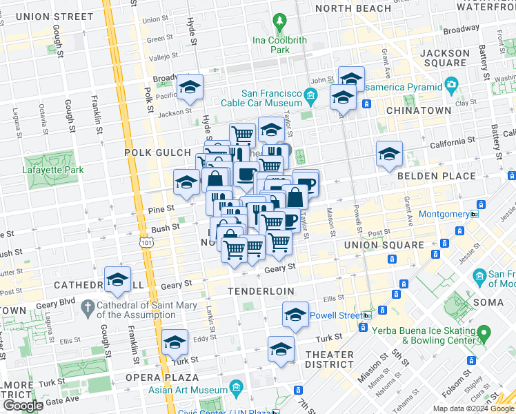 map of restaurants, bars, coffee shops, grocery stores, and more near 806 Sutter Street in San Francisco