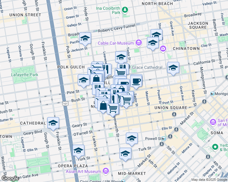 map of restaurants, bars, coffee shops, grocery stores, and more near 806 Sutter Street in San Francisco