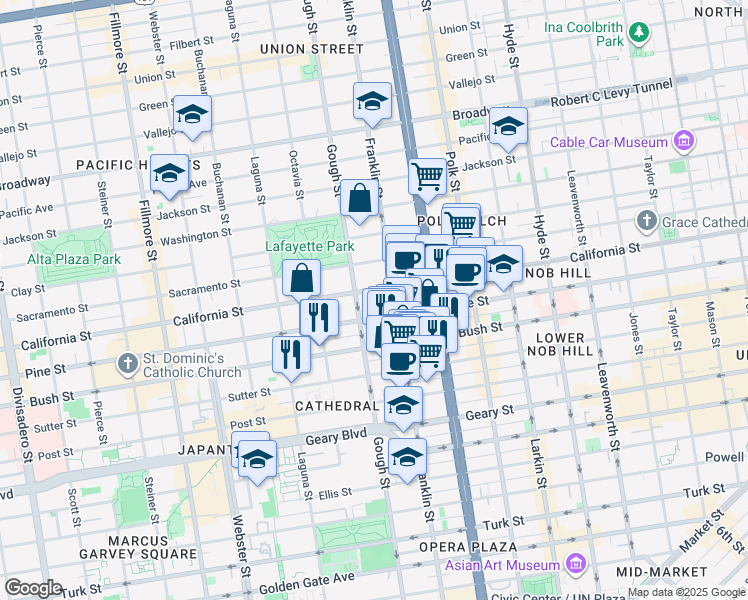 map of restaurants, bars, coffee shops, grocery stores, and more near 1735 Gough Street in San Francisco