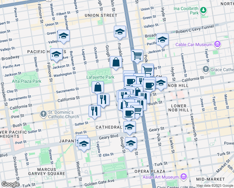 map of restaurants, bars, coffee shops, grocery stores, and more near 1735 Gough Street in San Francisco