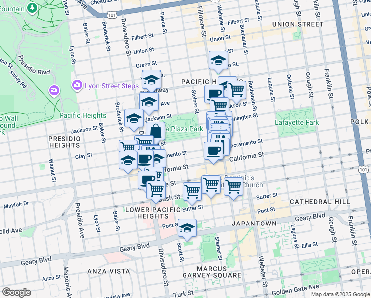 map of restaurants, bars, coffee shops, grocery stores, and more near 2700 Sacramento Street in San Francisco