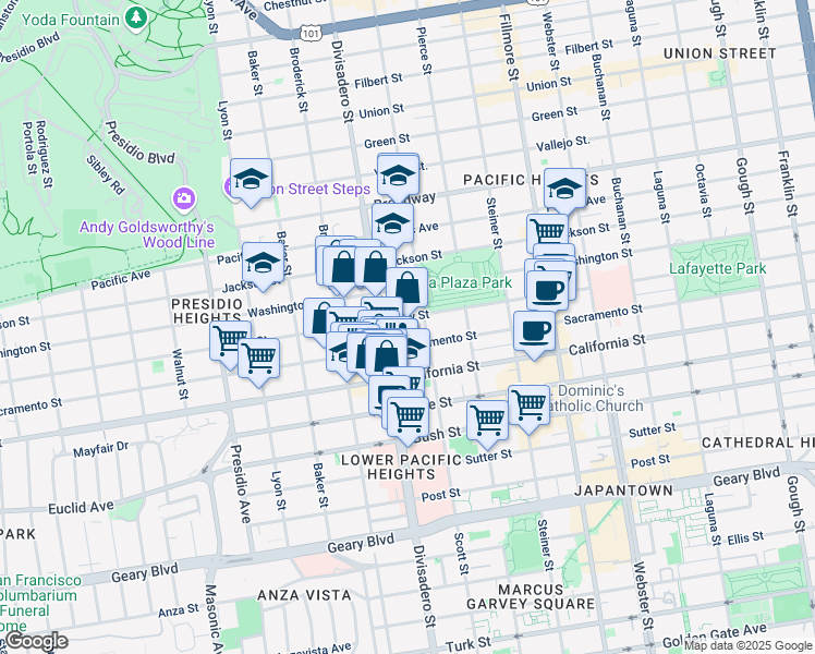 map of restaurants, bars, coffee shops, grocery stores, and more near 2114 Divisadero Street in San Francisco