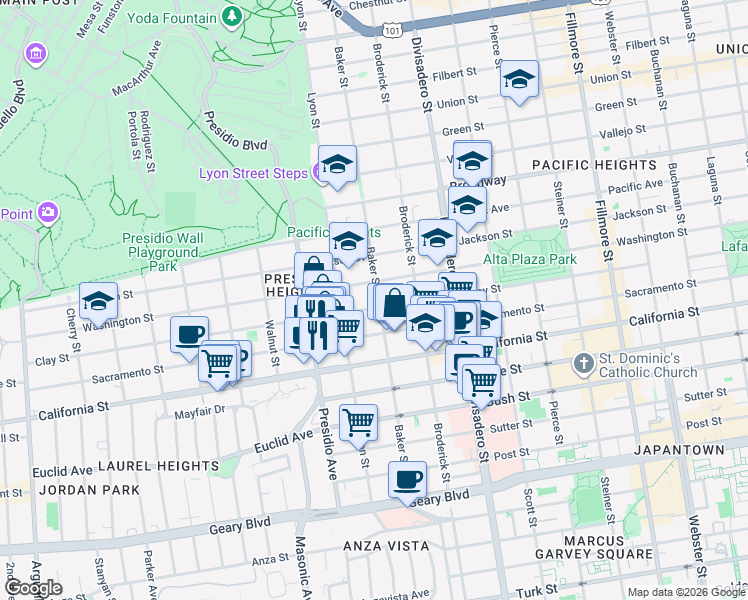 map of restaurants, bars, coffee shops, grocery stores, and more near 3150 Clay Street in San Francisco