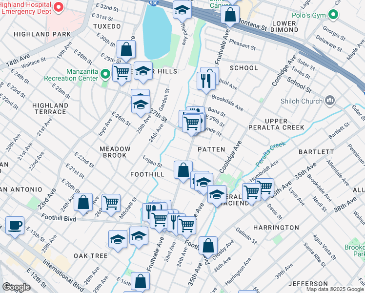 map of restaurants, bars, coffee shops, grocery stores, and more near 3043 Blossom Street in Oakland