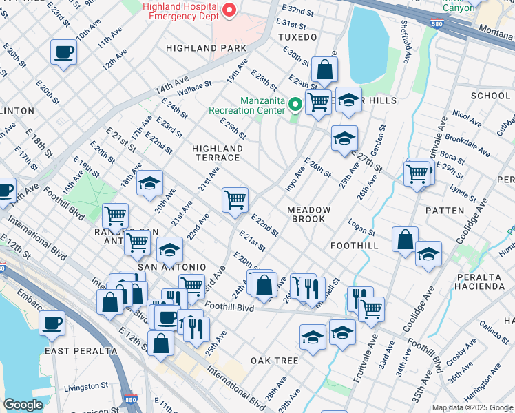 map of restaurants, bars, coffee shops, grocery stores, and more near 2220 23rd Avenue in Oakland