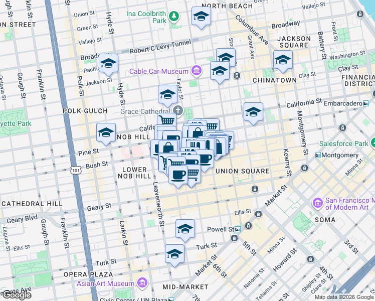 map of restaurants, bars, coffee shops, grocery stores, and more near 901-917 Bush Street in San Francisco