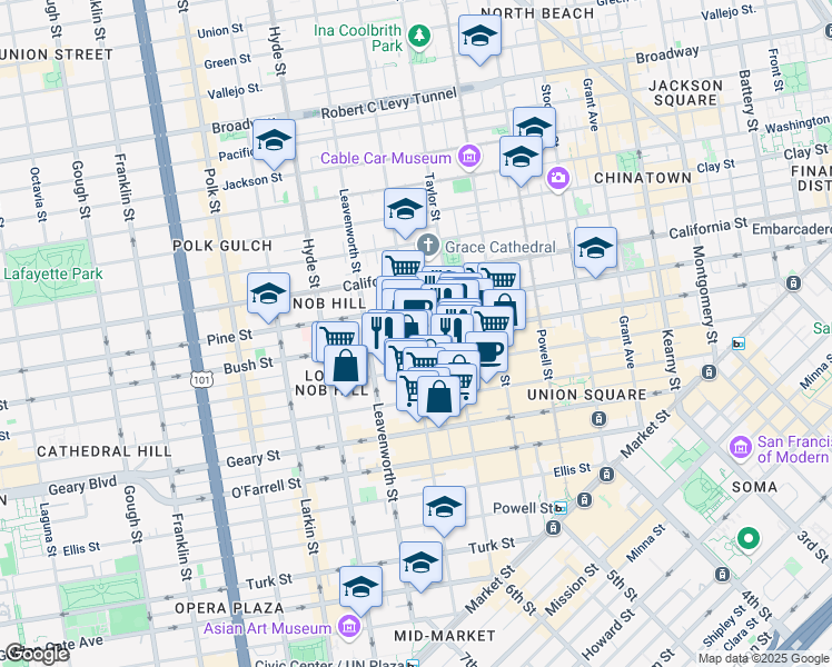 map of restaurants, bars, coffee shops, grocery stores, and more near 980 Bush Street in San Francisco