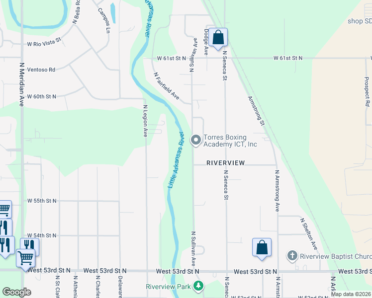 map of restaurants, bars, coffee shops, grocery stores, and more near 5823 North Sullivan Street in Wichita