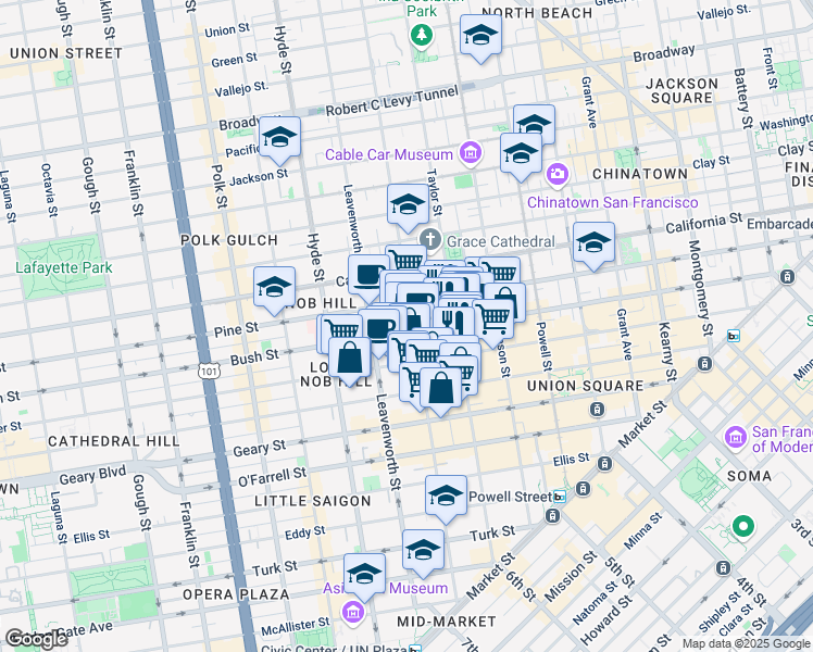 map of restaurants, bars, coffee shops, grocery stores, and more near 1010 Bush Street in San Francisco
