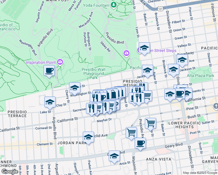 map of restaurants, bars, coffee shops, grocery stores, and more near 3526 Washington Street in San Francisco