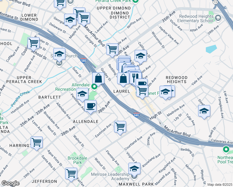 map of restaurants, bars, coffee shops, grocery stores, and more near 3429 38th Avenue in Oakland